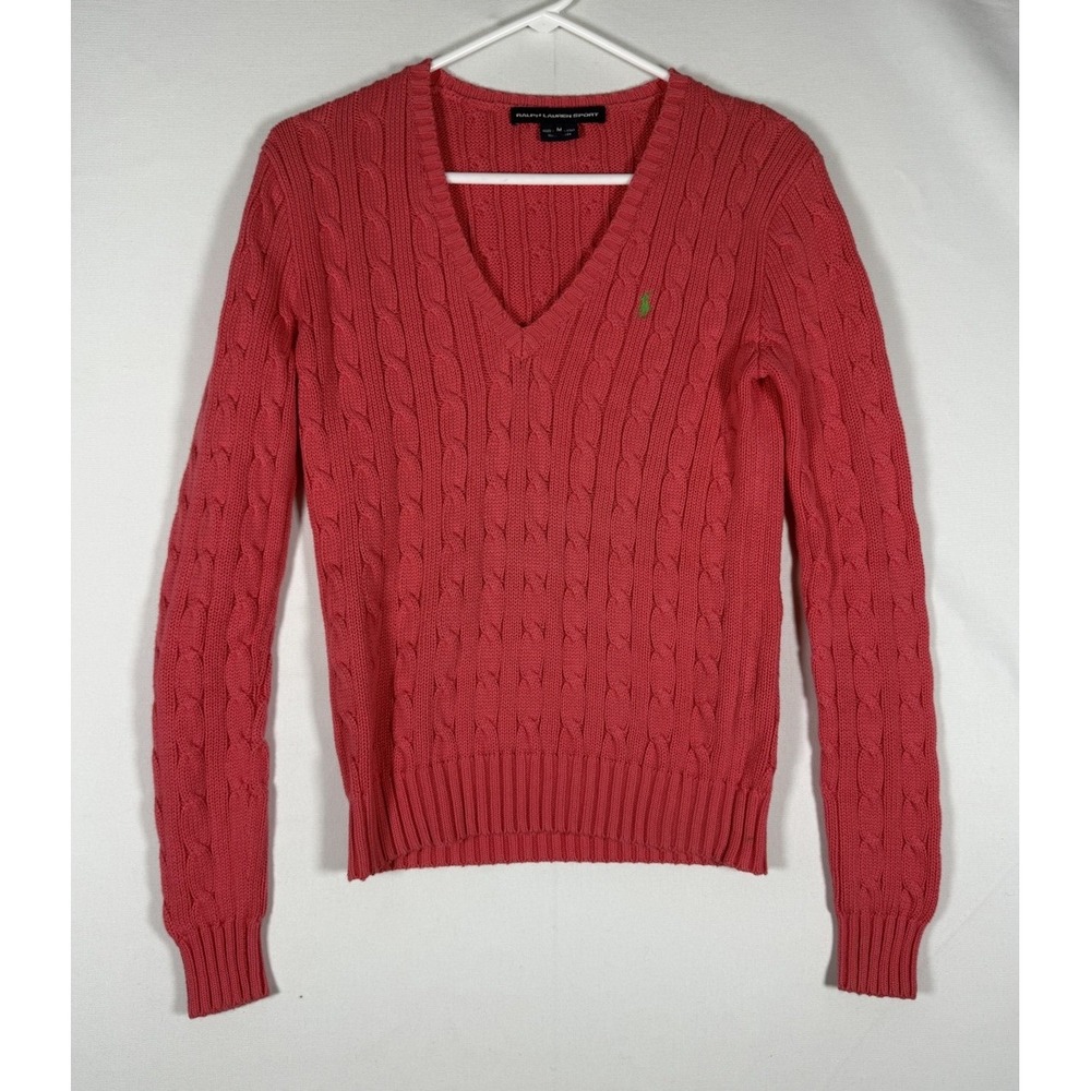 Ralph Lauren Sport Sweater Womens Medium Dark Pink Cable Knit V-Neck Pony Preppy